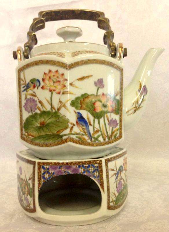 Vintage Japanese Brass Floral Bird Ceramic Handled Teapot with stand for burner