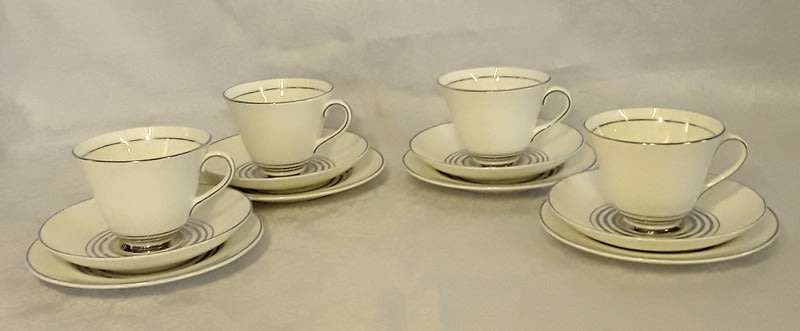 Vintage sophisticated white with silver  Royal Doulton trios (four)