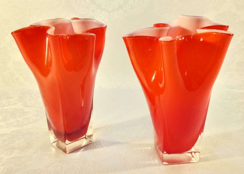 Vintage Red Handkerchief cased vases 1960s  Murano Art Glass