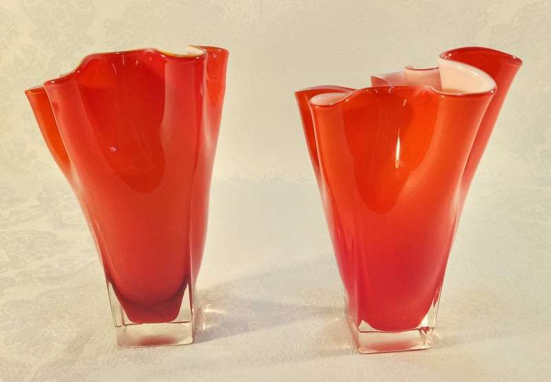 Vintage Red Handkerchief cased vases 1960s  Murano Art Glass