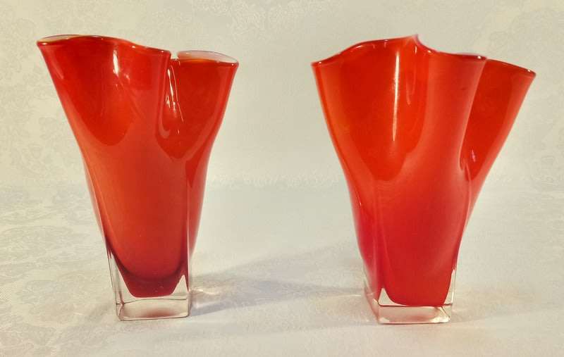 Vintage Red Handkerchief cased vases 1960s  Murano Art Glass