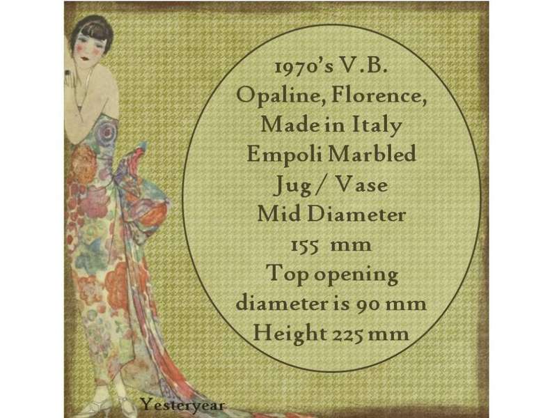 1970s V.B. Opaline, Florence, Made in Italy Empoli Marbled Jug