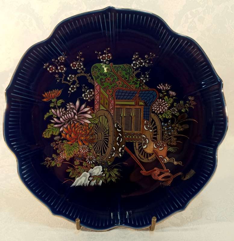 Japanese Blue Imperial Kutani Style Flowers & Wagon (1970s)
