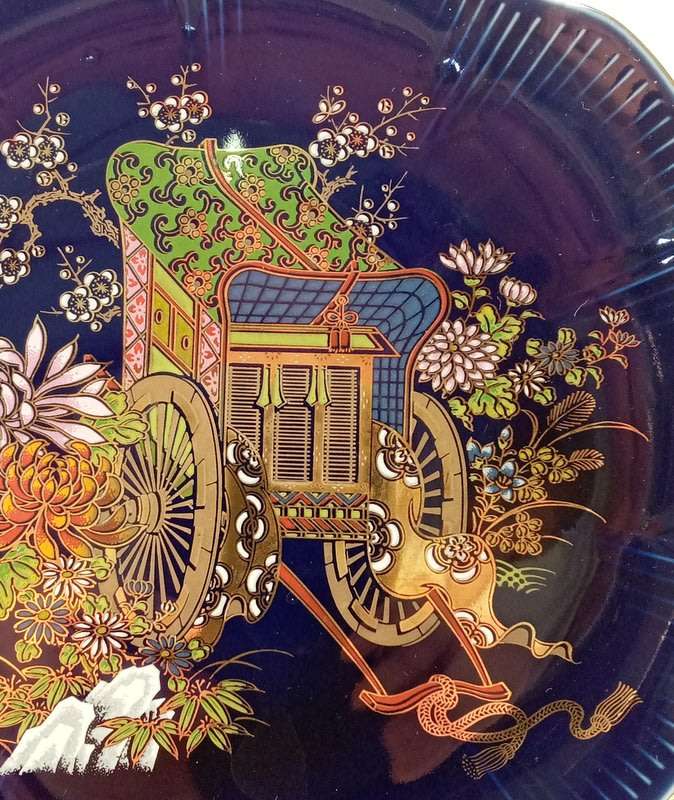 Japanese Blue Imperial Kutani Style Flowers & Wagon (1970s)