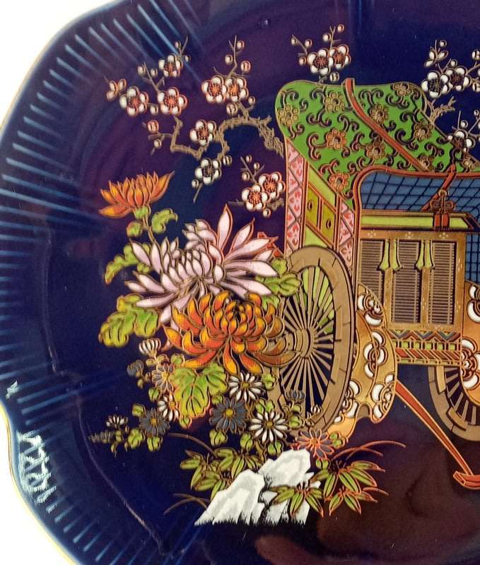Japanese Blue Imperial Kutani Style Flowers & Wagon (1970s)