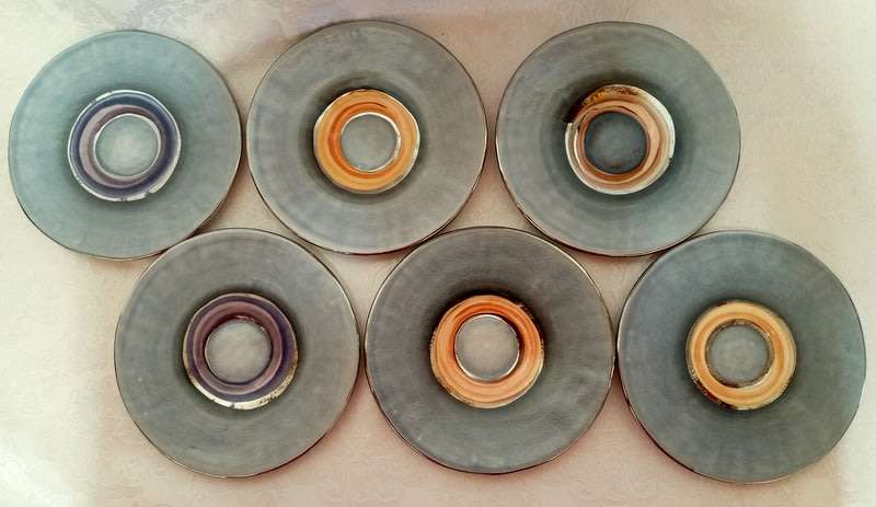 PotLIZ Hand Thrown, collectible ceramic pottery cups and saucers (six)
