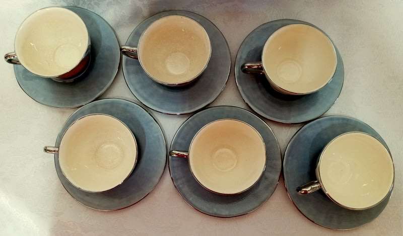 PotLIZ Hand Thrown, collectible ceramic pottery cups and saucers (six)