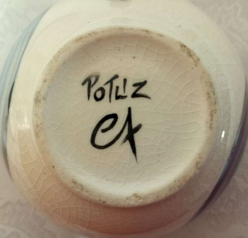 PotLIZ Hand Thrown, collectible ceramic pottery cups and saucers (six)