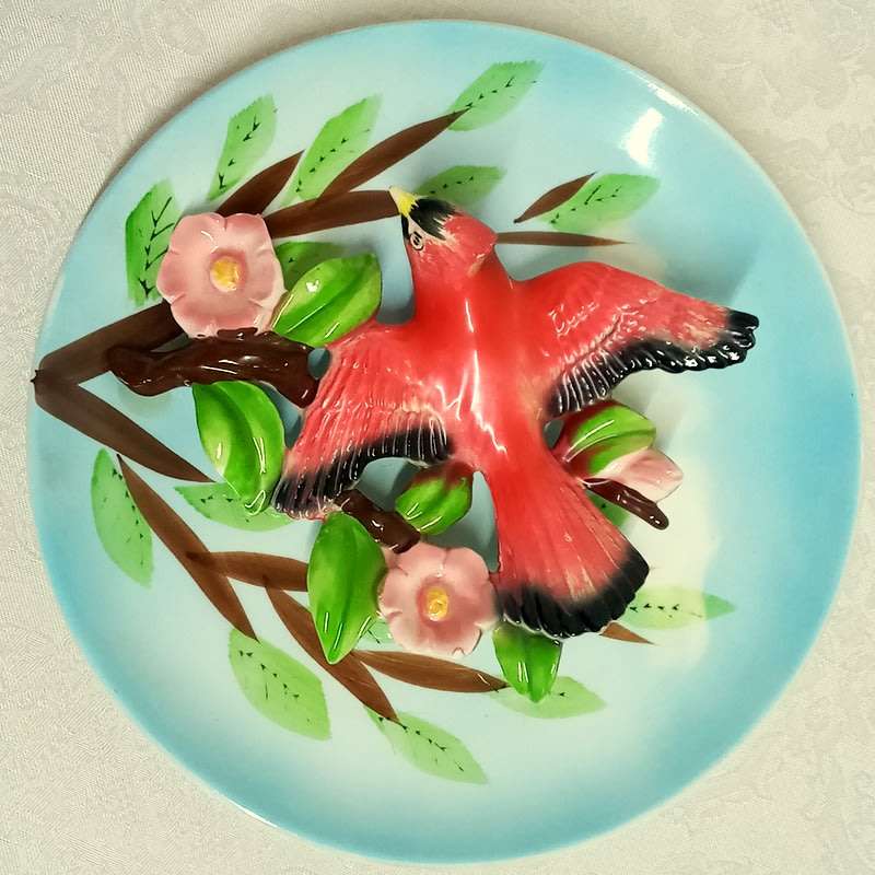 Vintage wall hanging plate, seems Japanese.  3 dimensional with a Cardinal bird.