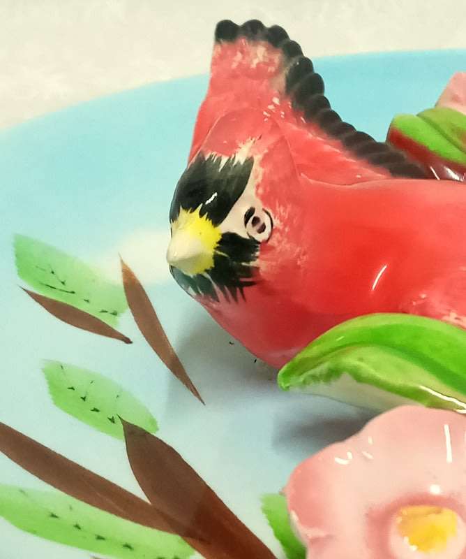Vintage wall hanging plate, seems Japanese.  3 dimensional with a Cardinal bird.