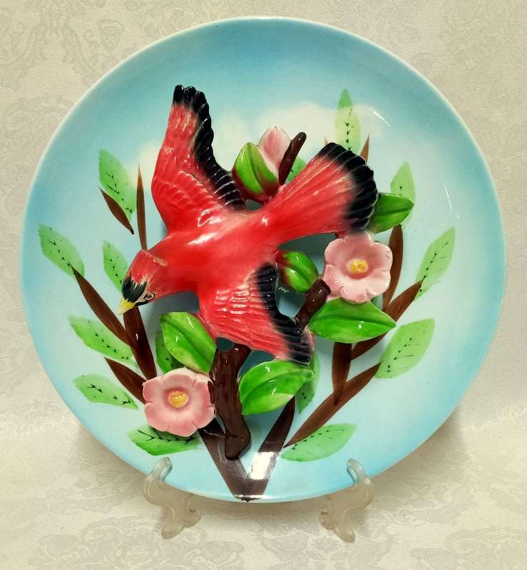 Vintage wall hanging plate, seems Japanese.  3 dimensional with a Cardinal bird.