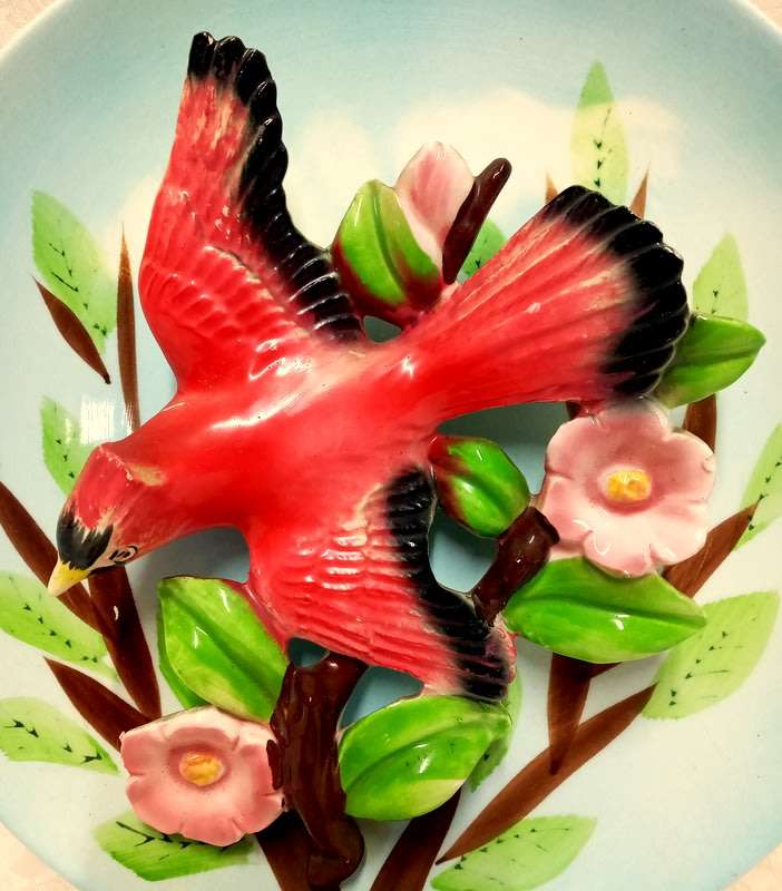 Vintage wall hanging plate, seems Japanese.  3 dimensional with a Cardinal bird.