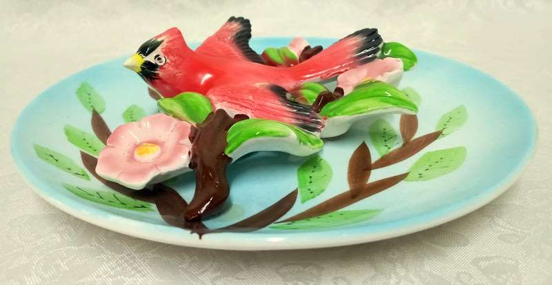 Vintage wall hanging plate, seems Japanese.  3 dimensional with a Cardinal bird.