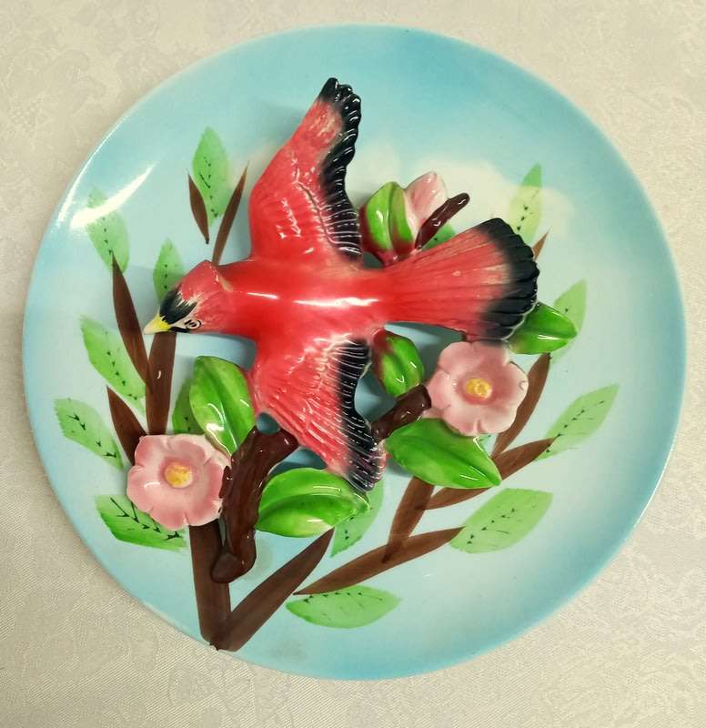 Vintage wall hanging plate, seems Japanese.  3 dimensional with a Cardinal bird.