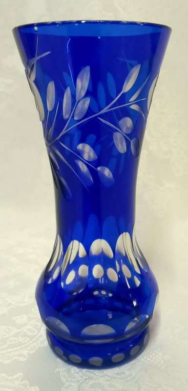 Vintage  Czech Bohemian Cobalt Crystal and Roundlets Vase