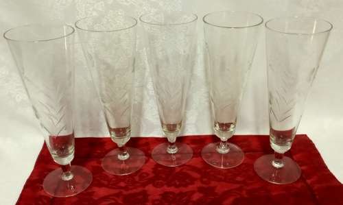 Vintage Tall Footed Pilsner Glasses  etched with Leaf and Wheat