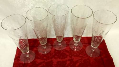 Vintage Tall Footed Pilsner Glasses  etched with Leaf and Wheat