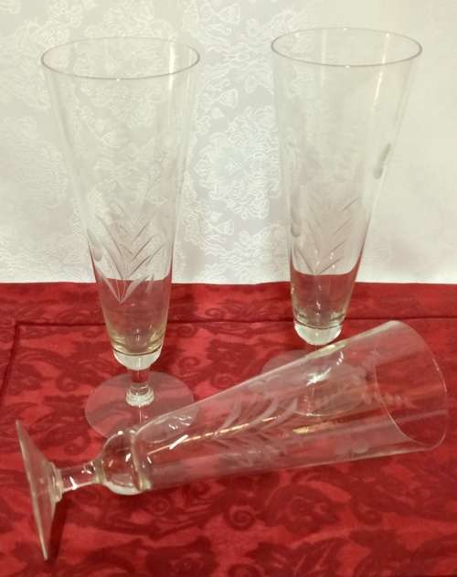 Vintage Tall Footed Pilsner Glasses  etched with Leaf and Wheat