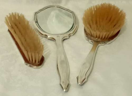 Vintage Hallmarked Silver Brush Set Mirror and two brushes. All initialled with M and C. B and Co