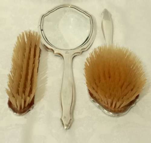 Vintage Hallmarked Silver Brush Set Mirror and two brushes. All initialled with M and C. B and Co