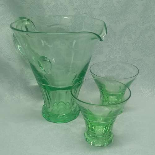 Uranium glass Jug and two glasses