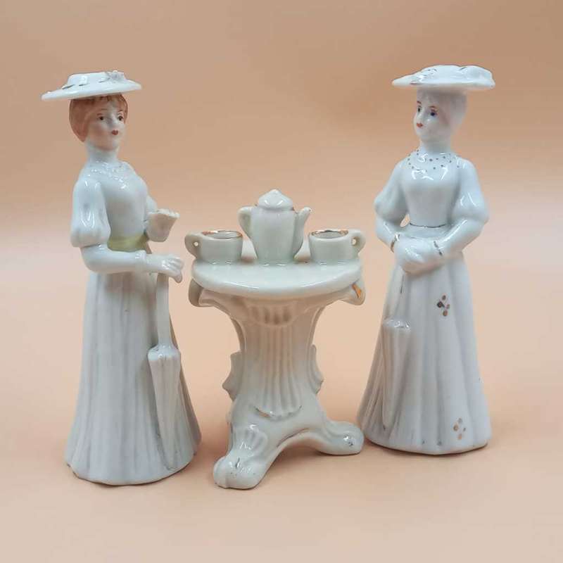 Vintage German ceramic ornaments - tea table and two Ladies