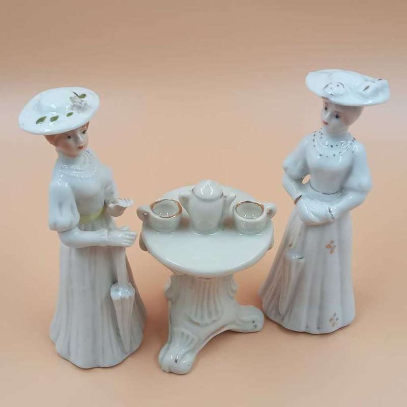 Vintage German ceramic ornaments - tea table and two Ladies