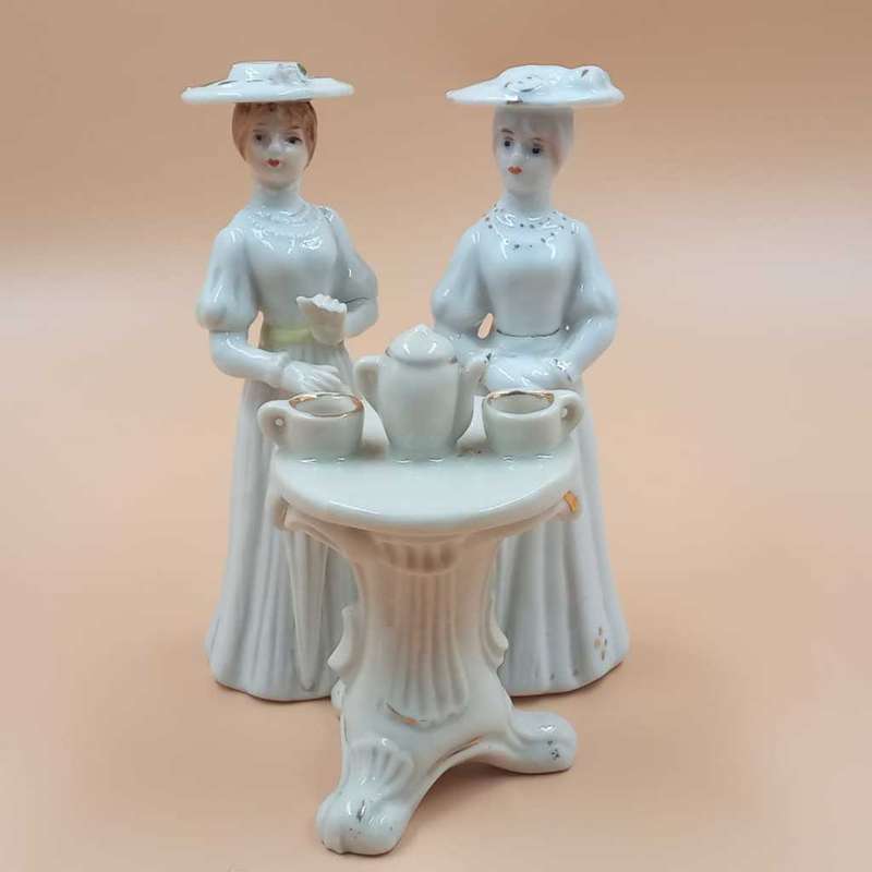 Vintage German ceramic ornaments - tea table and two Ladies
