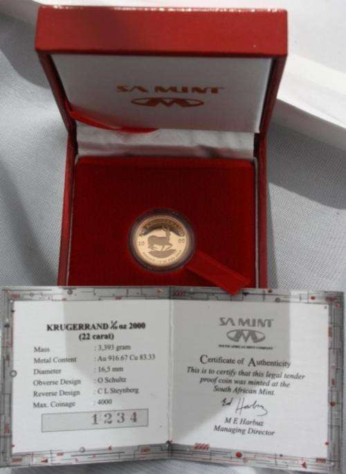 2000 * 1/10OZ Kruger Rand * PROOF Coin + Certificate