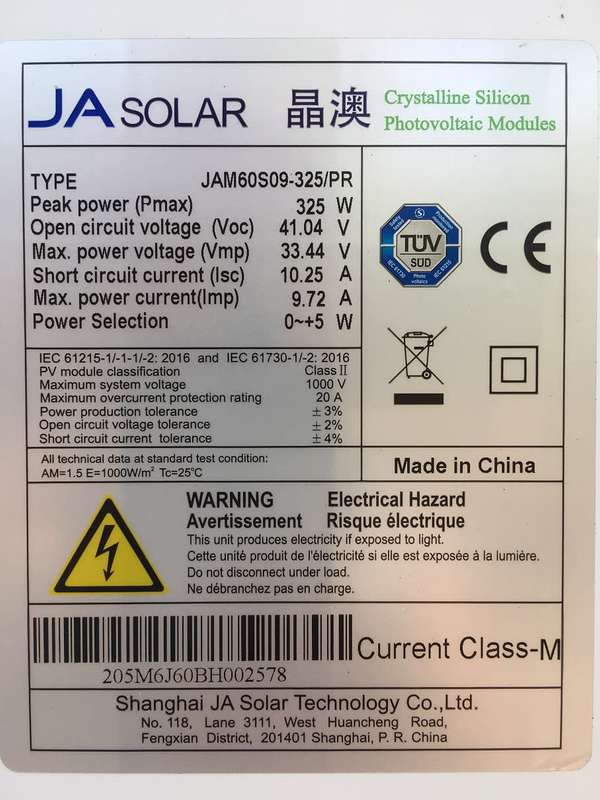 JA 325W Solar Panel