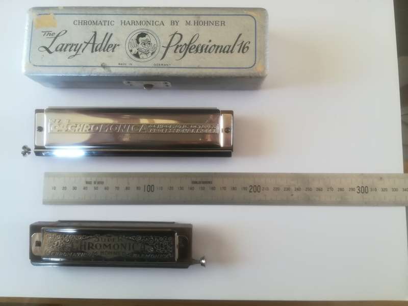 2 X Vintage M. Hohner Harmonicas - Larry Adler Professional 16  and Super Chromonica Harmonica
