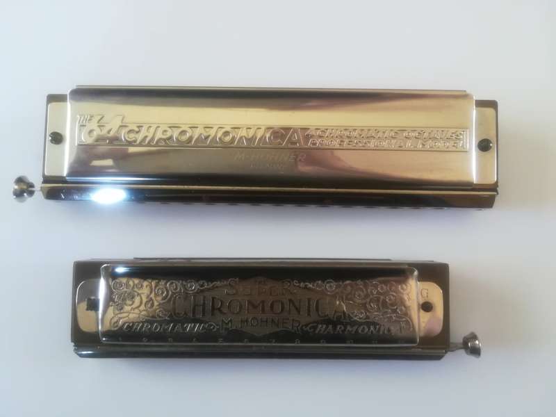 2 X Vintage M. Hohner Harmonicas - Larry Adler Professional 16  and Super Chromonica Harmonica