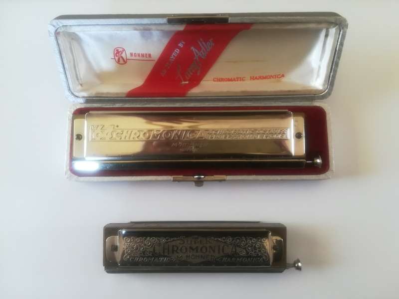 2 X Vintage M. Hohner Harmonicas - Larry Adler Professional 16  and Super Chromonica Harmonica