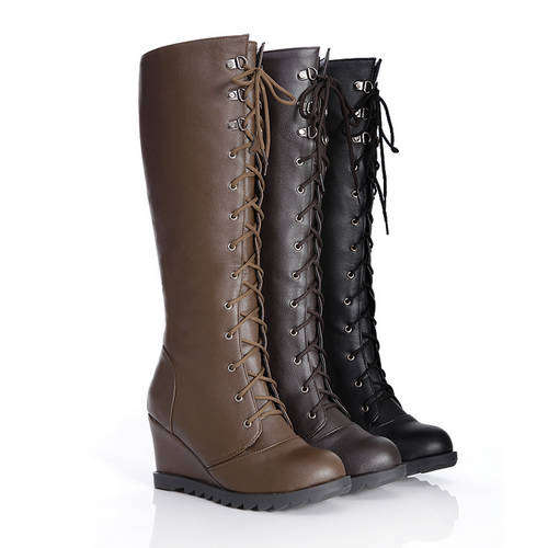 Lace Up Tall Wedge Boot in Black