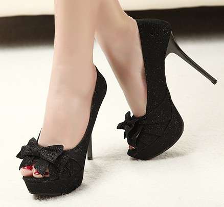 Peep Toe Heels in Black with Bow
