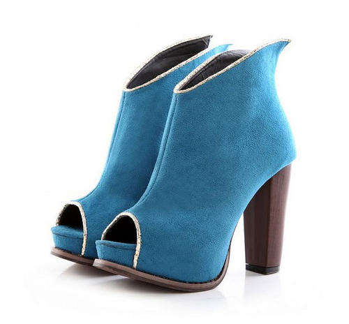 Retro Peep Toe thick Heel Ankle Boots in Blue