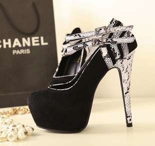 New Double Strap Snake Skin Platform Heels in Black