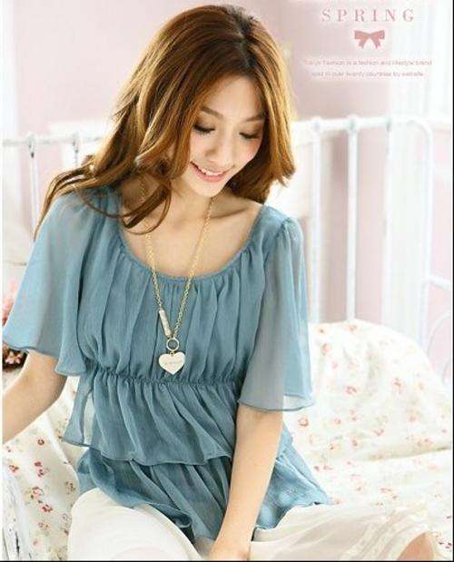 Multi-Layer Pleated Chiffon Blouse Sky Blue