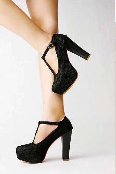!!NEW!! 11cm High Thick Heel Pumps in Black Lace (Size 2.5 - 6)