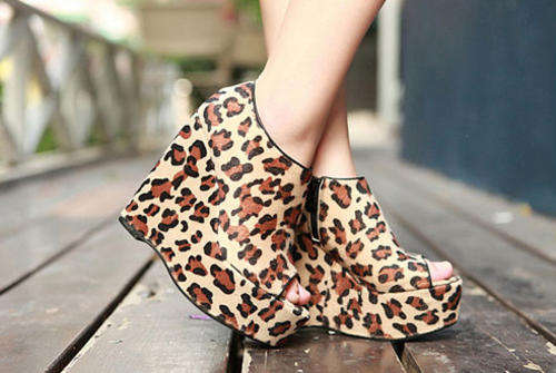 SALE - 13cm High Wedge Open Toe Short Booties in Leopard Size 4