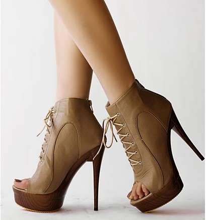 !!! New !!! Open Toe Lace Up Short Booties with 14cm High Heels in Khaki / Black (Size 2 - 6)