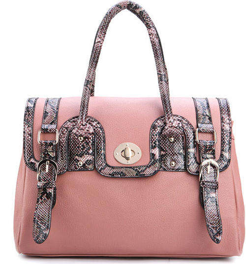 Elegant Large Handbag in Blush and Snakeskin