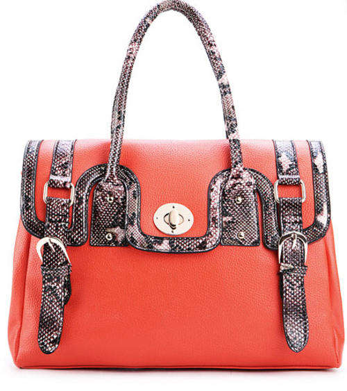 Elegant Large Handbag in Orange and Snakeskin