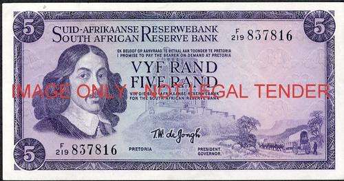 TW de Jongh First Issue Five Rand Prefix F219 ef condition