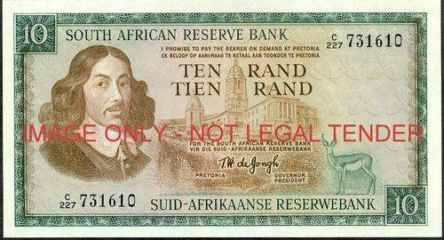 TW de Jongh First Issue Ten Rand Prefix C227 unc condition