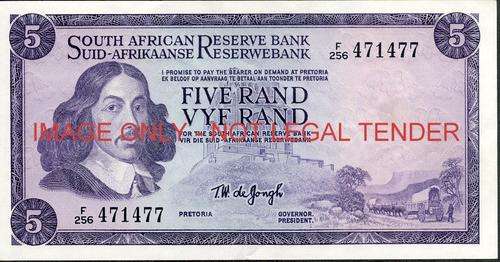 TW de Jongh Third Issue Five Rand Prefix F256 unc condition