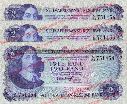 TW deJongh Third Issue Two Rand 3 notes with sequential numbers D148 731454 to 731456 unc condition