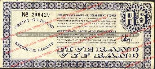Greatermans Group of Department Stores Paper Token for R5