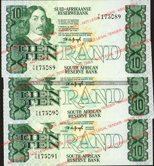 TW de Jongh Fourth Issue Ten Rand Replacement Y5 3 items with sequential numbers 173089 to 173091 un
