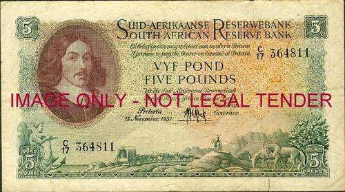 MH de Kock Second Issue Five Pounds Prefix C17 364811 dated 15 November 1951 f condition